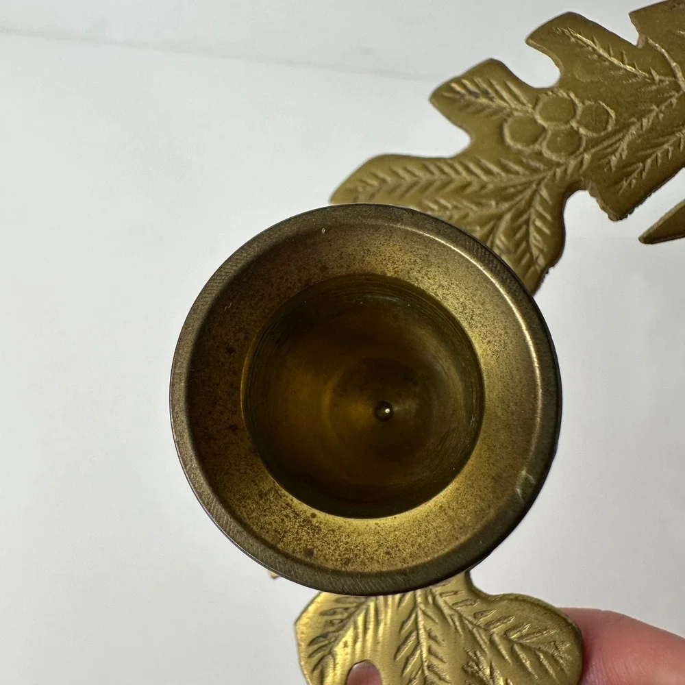 Vintage Brass Christmas Wreath Candelabra 3‎ Cup Candle Holder Holly Leaf Bow